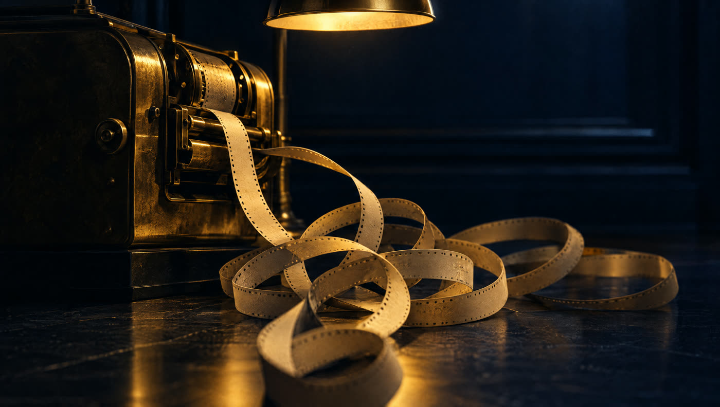 Paper ticker tape spilling from an old brass stock ticker onto a dark floor