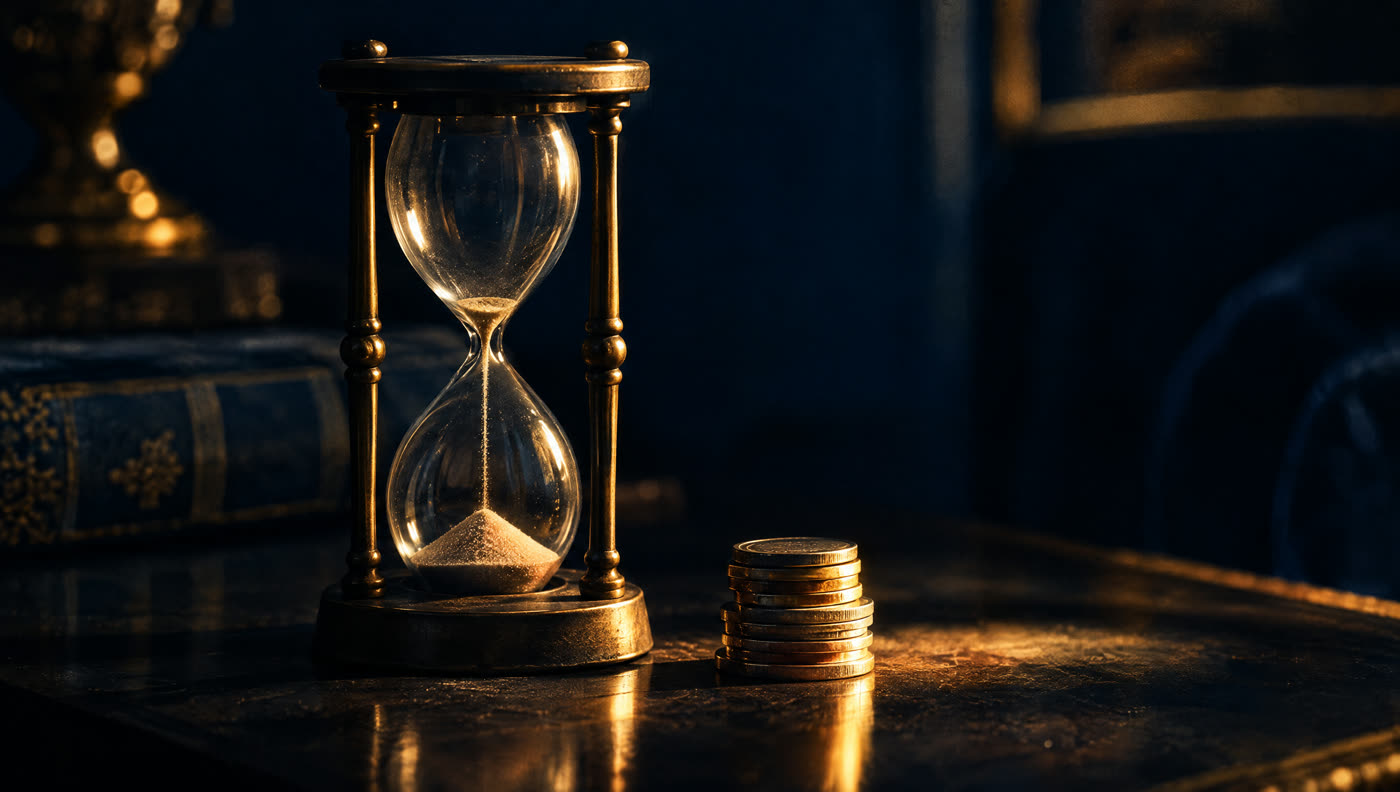 An antique hourglass with the sand almost run through, beside a small stack of coins