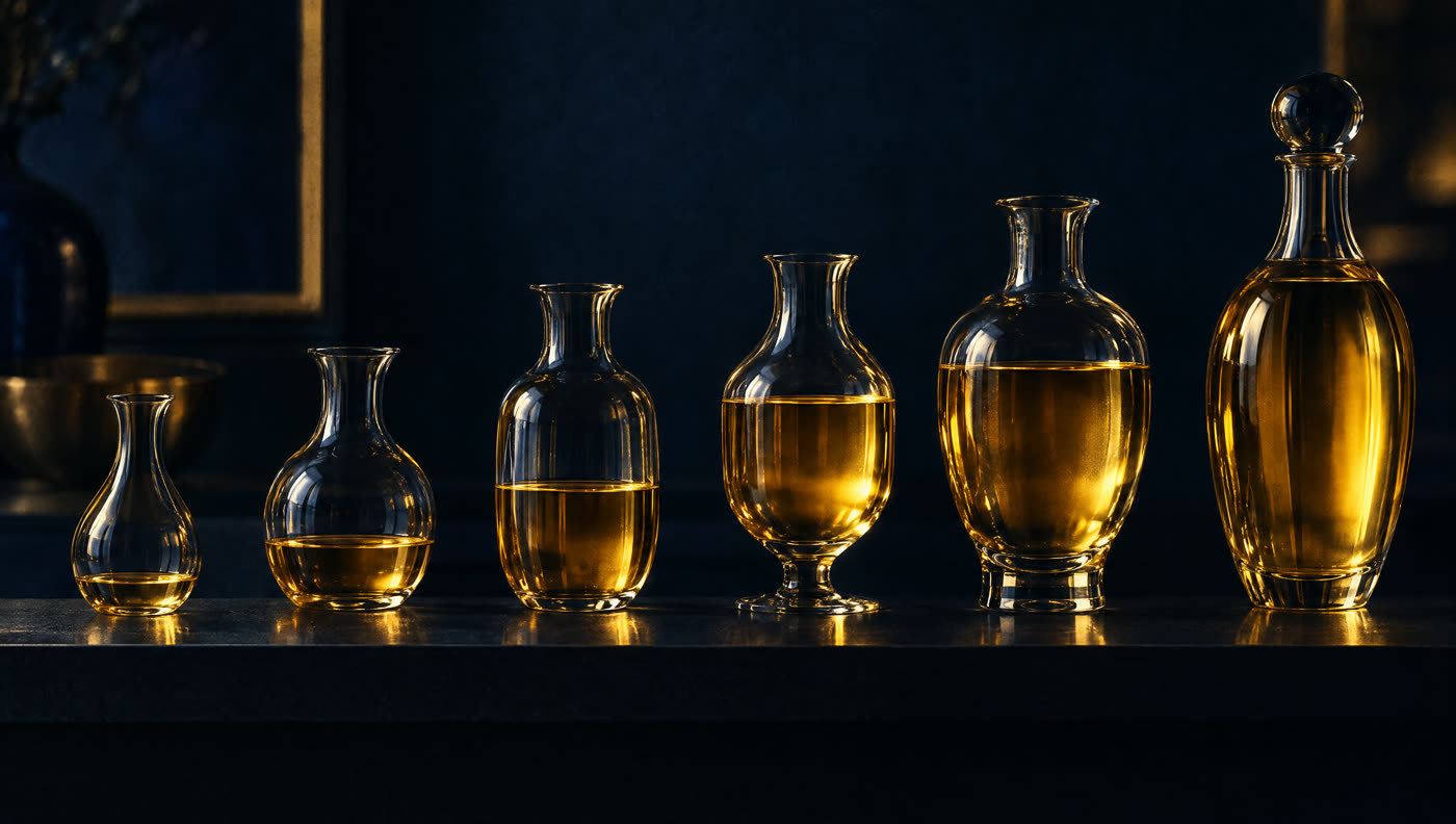 A row of glass vessels on a shelf, each holding more liquid than the last