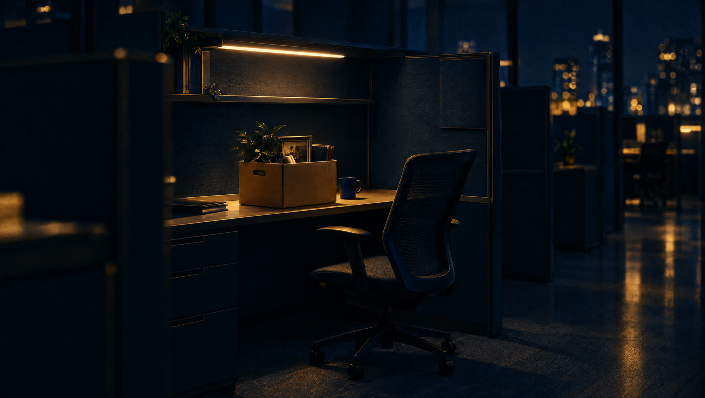 A single empty office cubicle at night with a cardboard box of belongings left on the desk