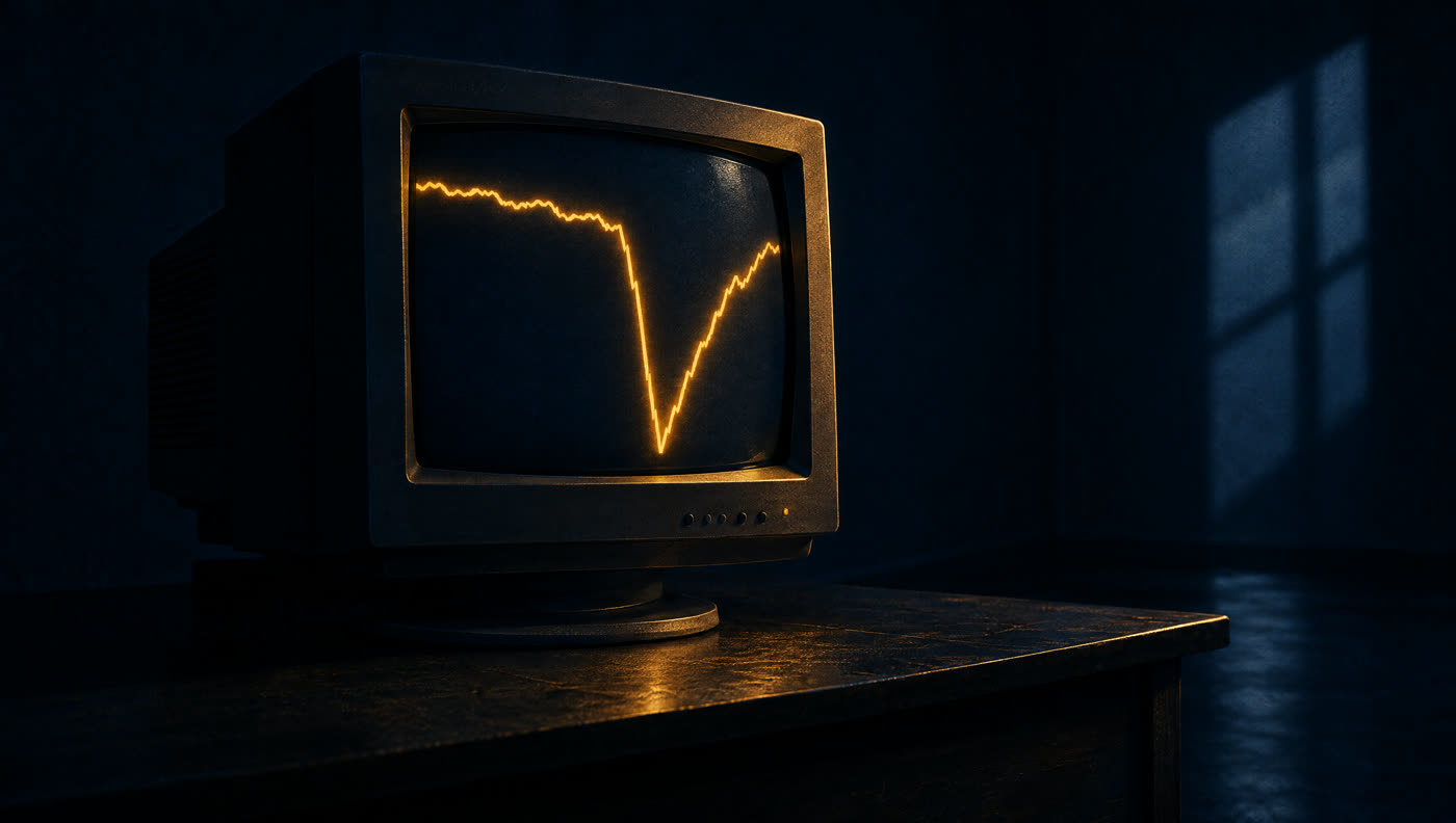 A glowing gold line on a dark monitor plunging almost vertically and recovering