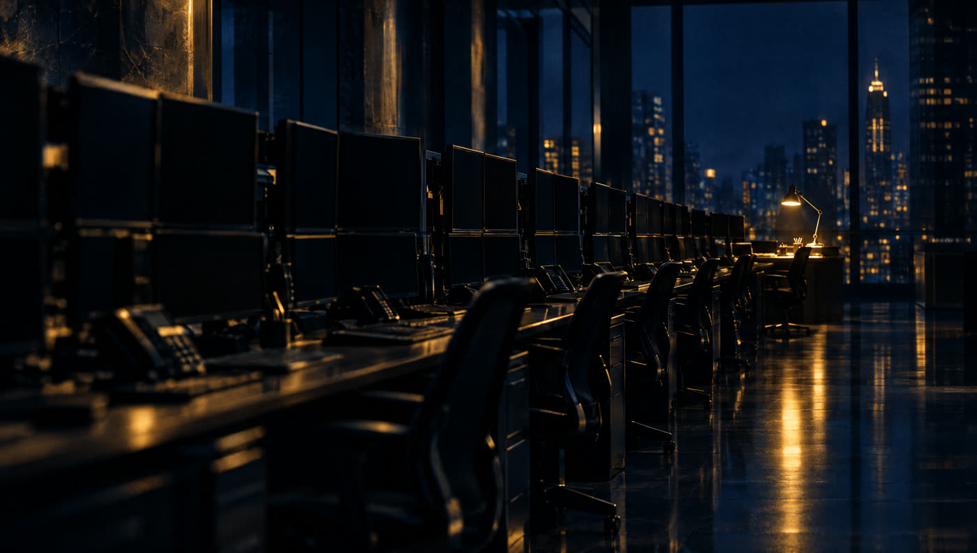 A long row of abandoned trading desks at night, every monitor switched off