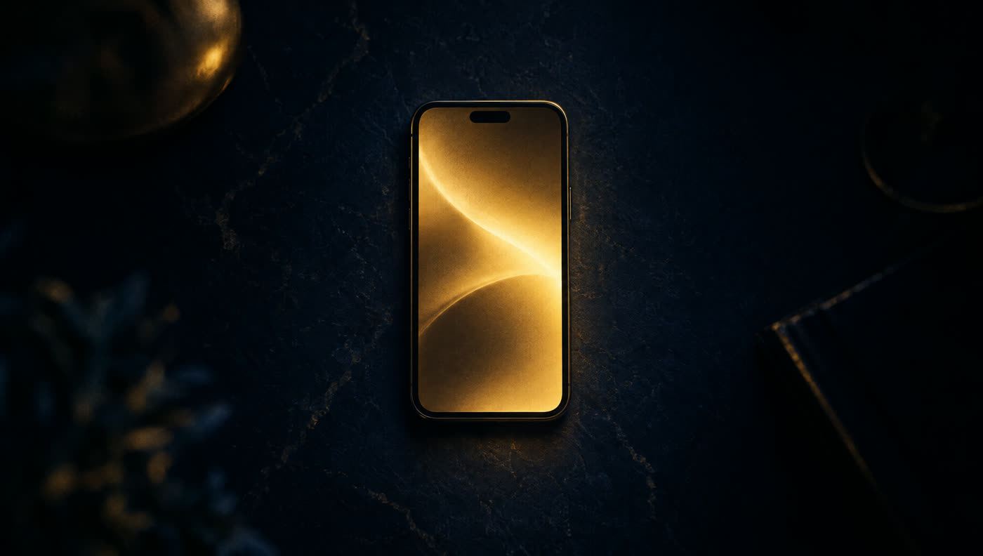 A single smartphone lying face up on a dark surface, its screen glowing
