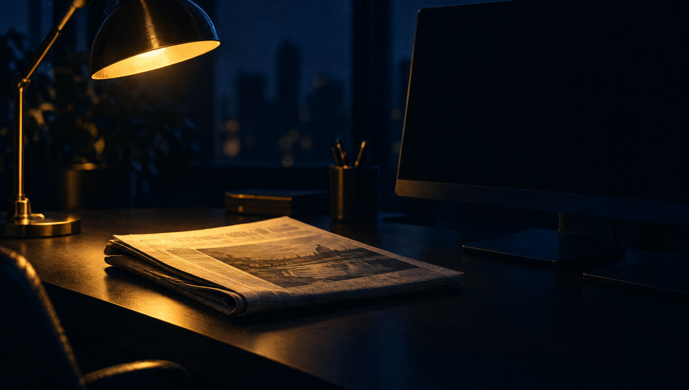 A folded newspaper on a dark desk beside a switched off monitor