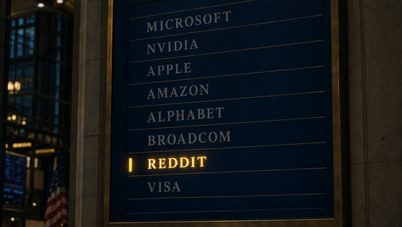 A brass framed exchange listing board of index member companies, with the row reading Reddit newly lit in gold