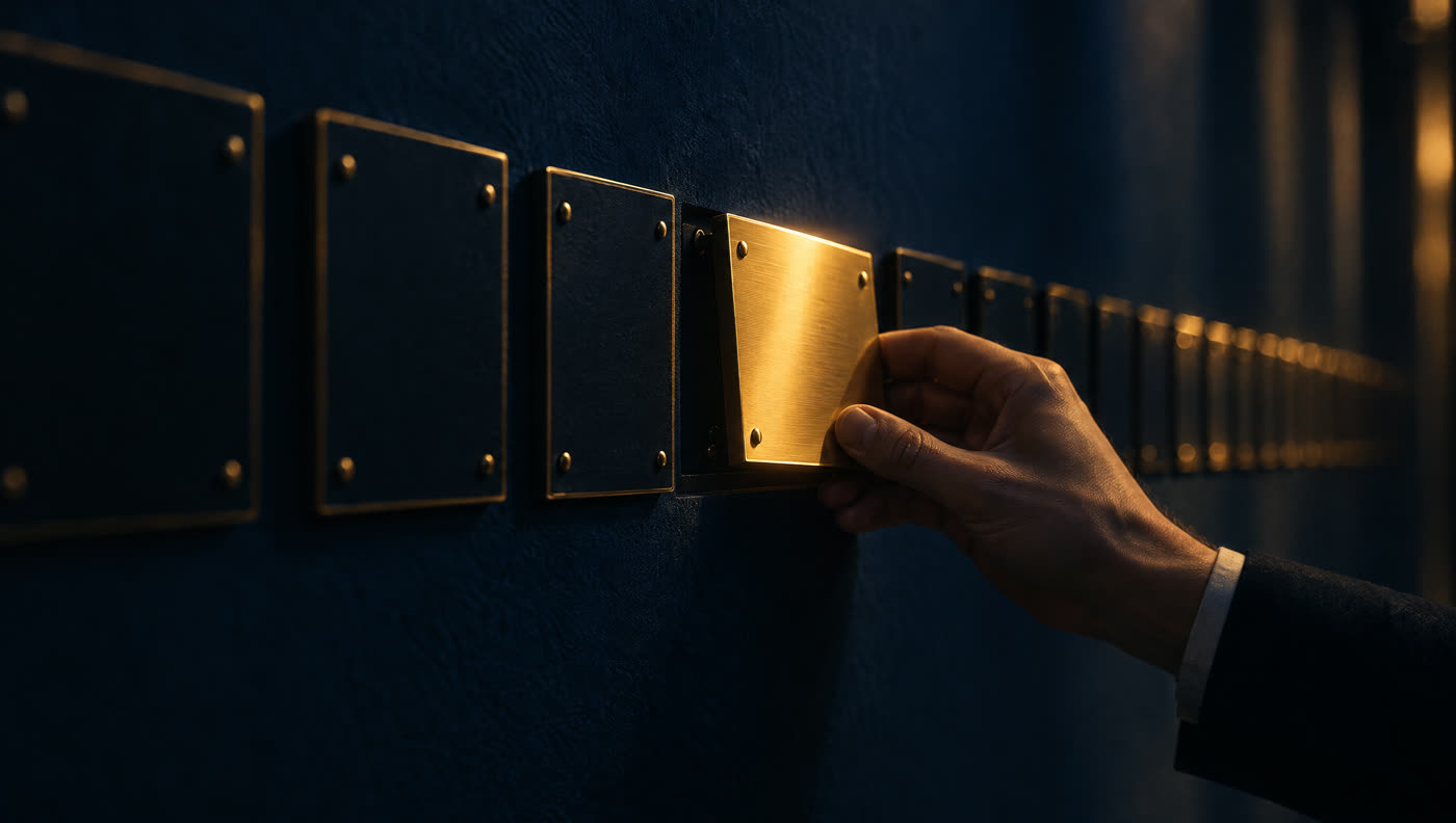 The brass plaque again, gleaming among the dull ones, as an illustration of joining a list