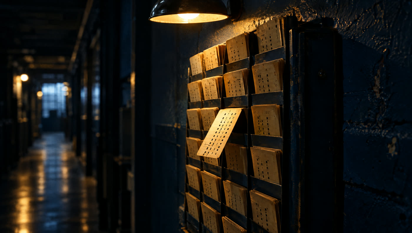 A rack of mechanical time clock punch cards in a dim corridor, one card pulled halfway out