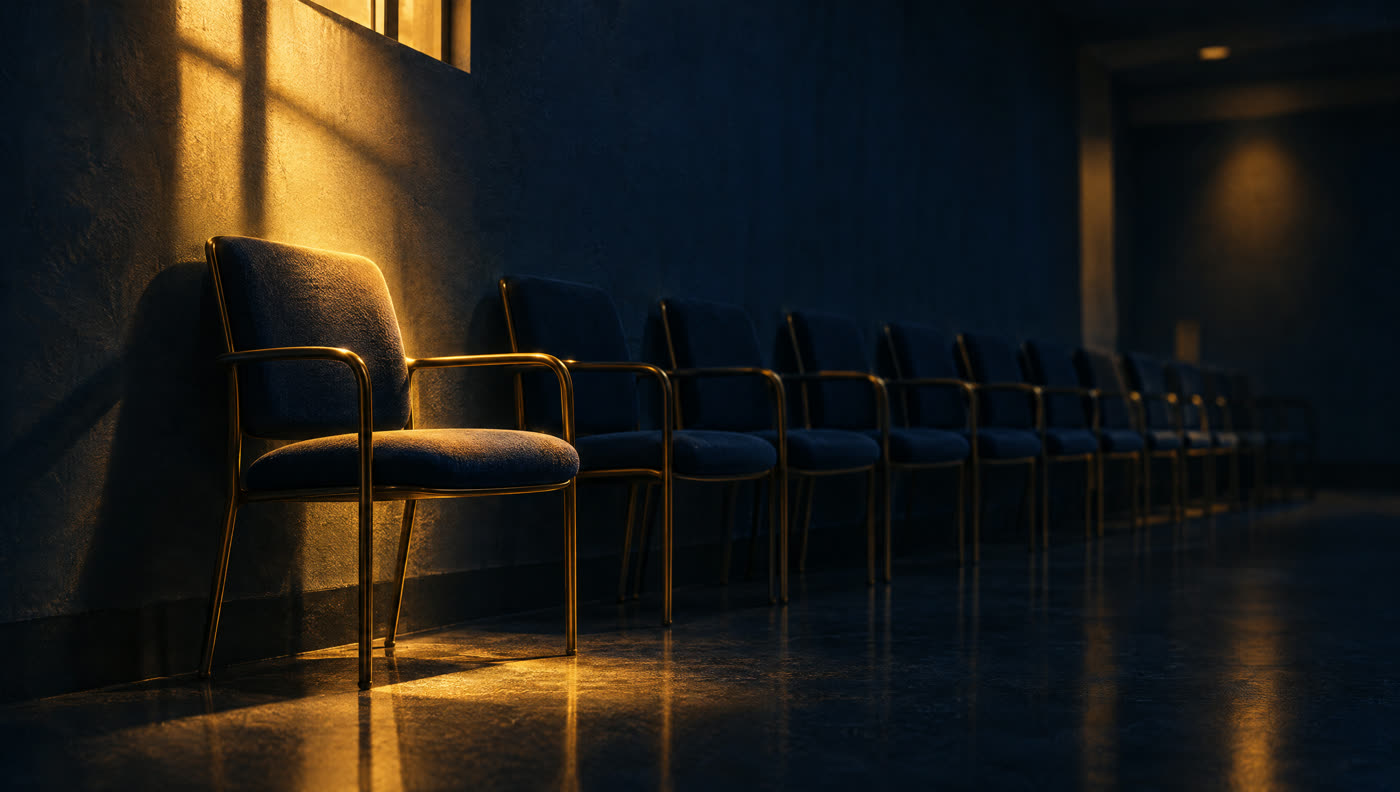 A long queue of empty chairs against a bare wall in a dim waiting room