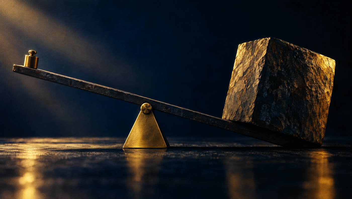 An iron lever on a brass fulcrum, a small weight lifting a much larger block