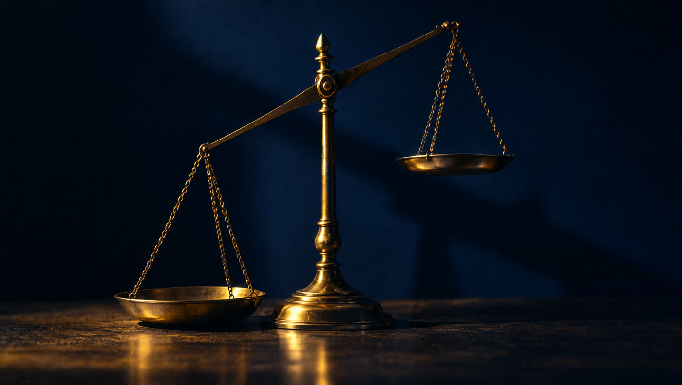 A brass balance scale tipped hard to one side, the heavy pan resting on the table