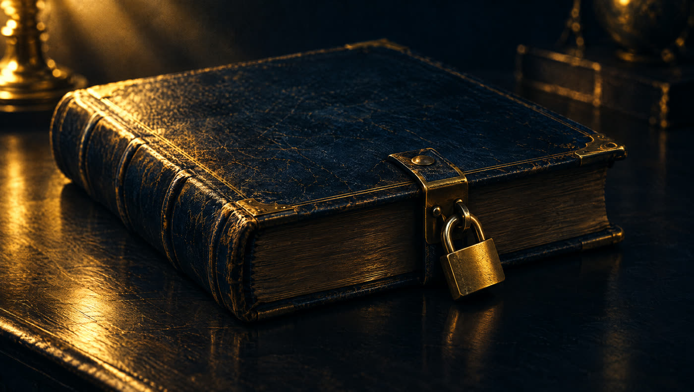 A heavy leather ledger book closed with a brass padlock through its clasp