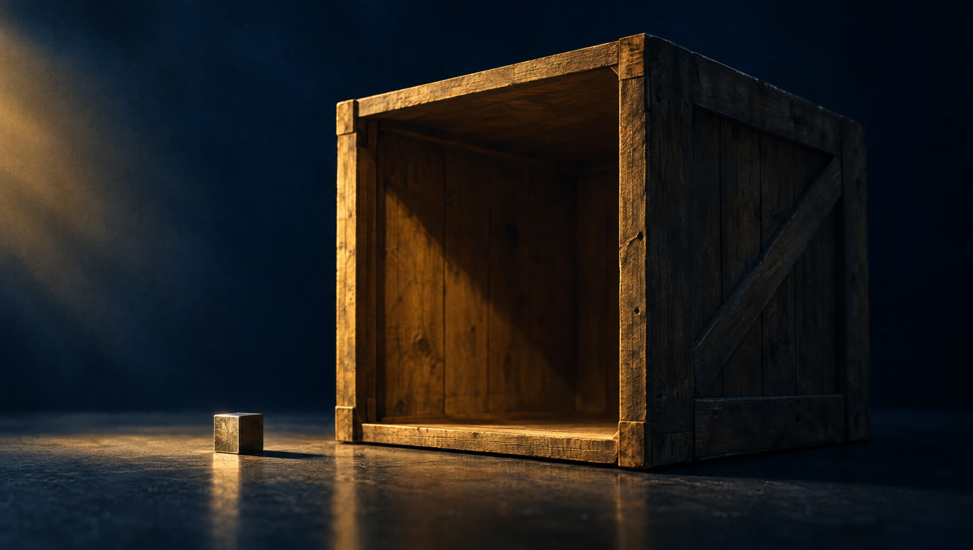 A tiny metal cube on a studio floor beside an enormous empty wooden crate