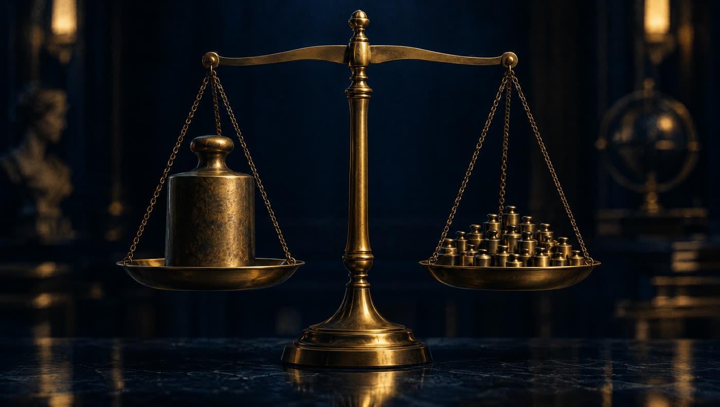 A brass balance scale, one pan holding a single large weight and the other many small ones