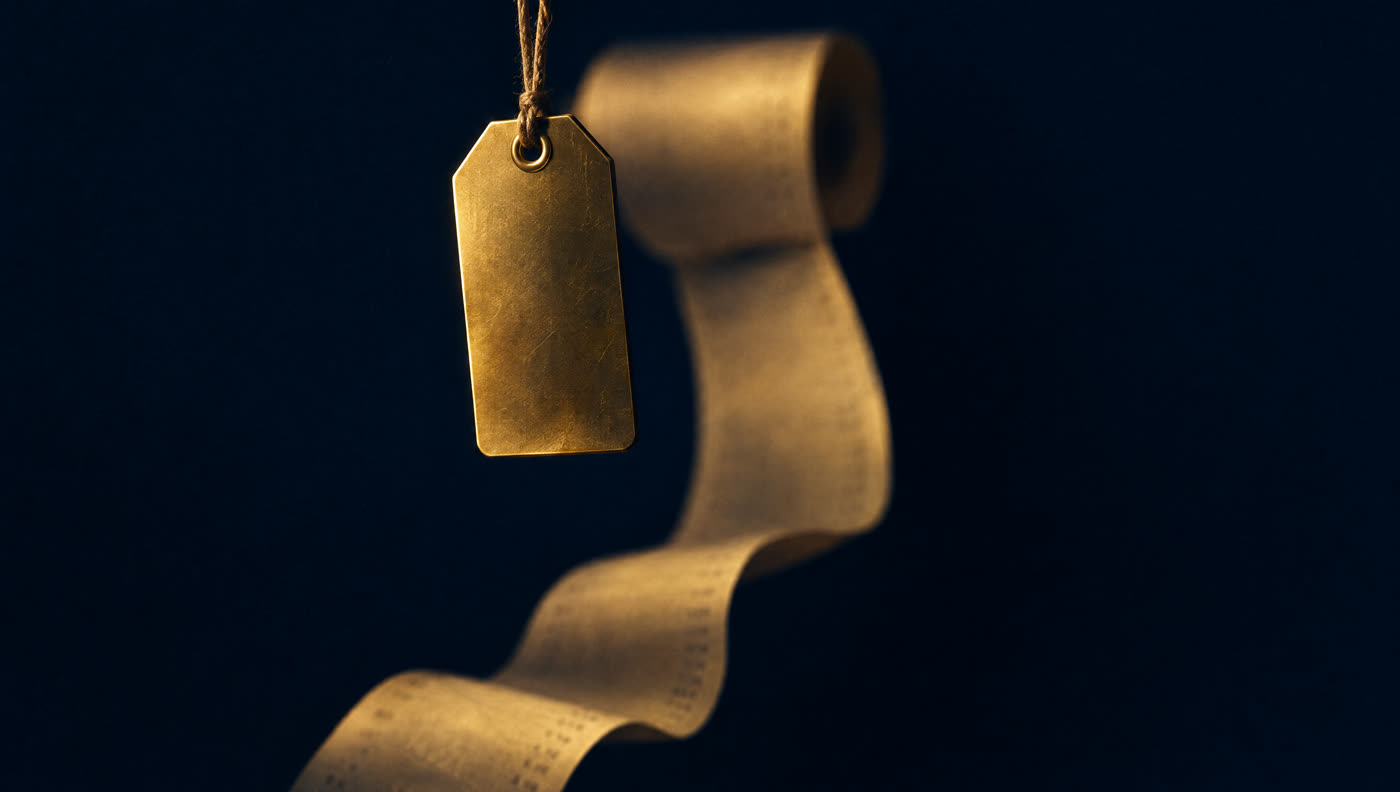 A brass price tag hanging on a string, with a long paper receipt unspooling behind it