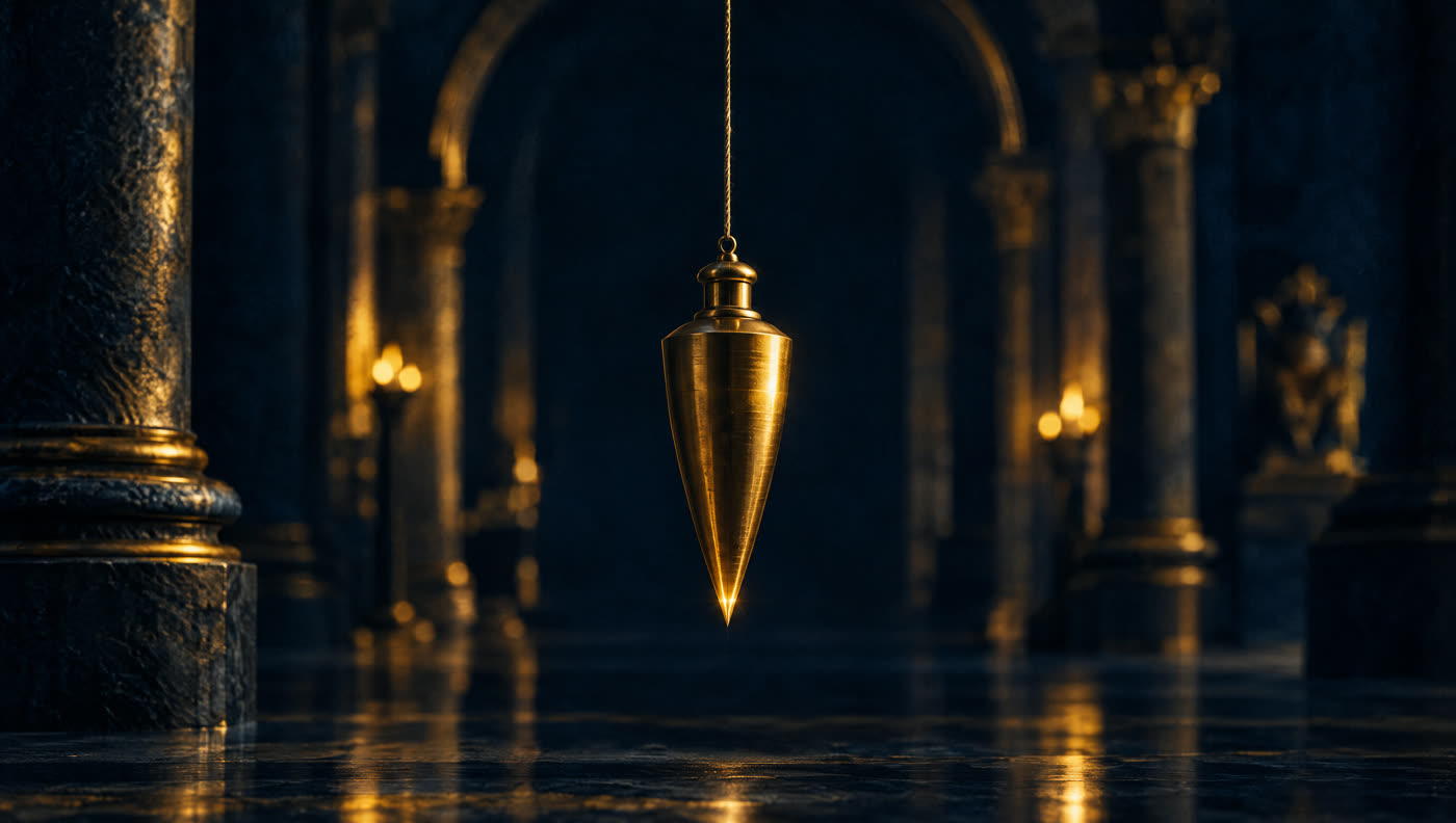 A heavy brass plumb bob hanging perfectly still on a taut line in a dark hall