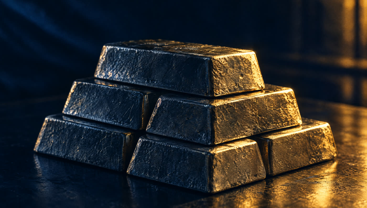 A stack of heavy cast silver bullion bars on a dark table