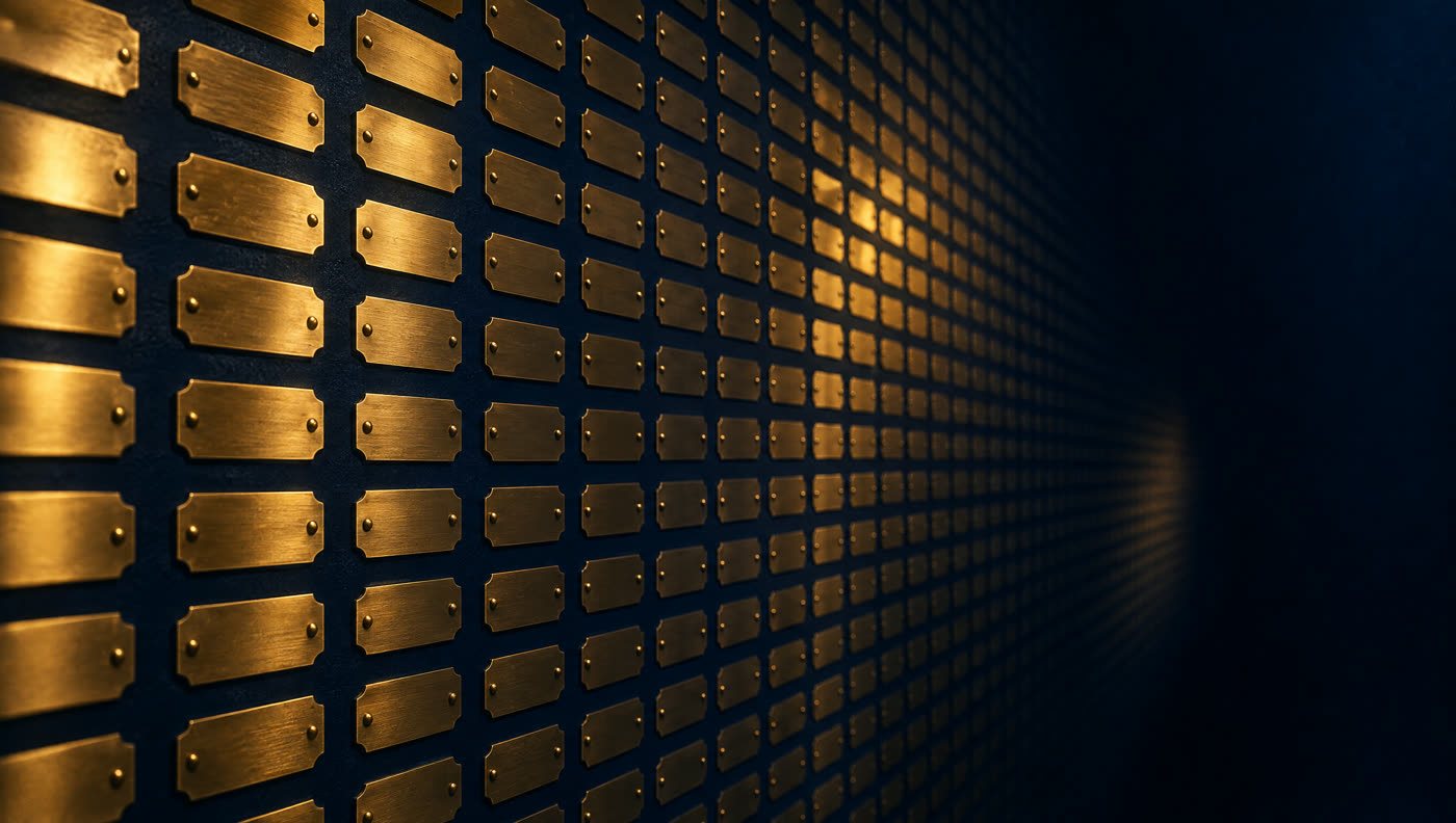 A wall covered in hundreds of small identical brass nameplates in a grid