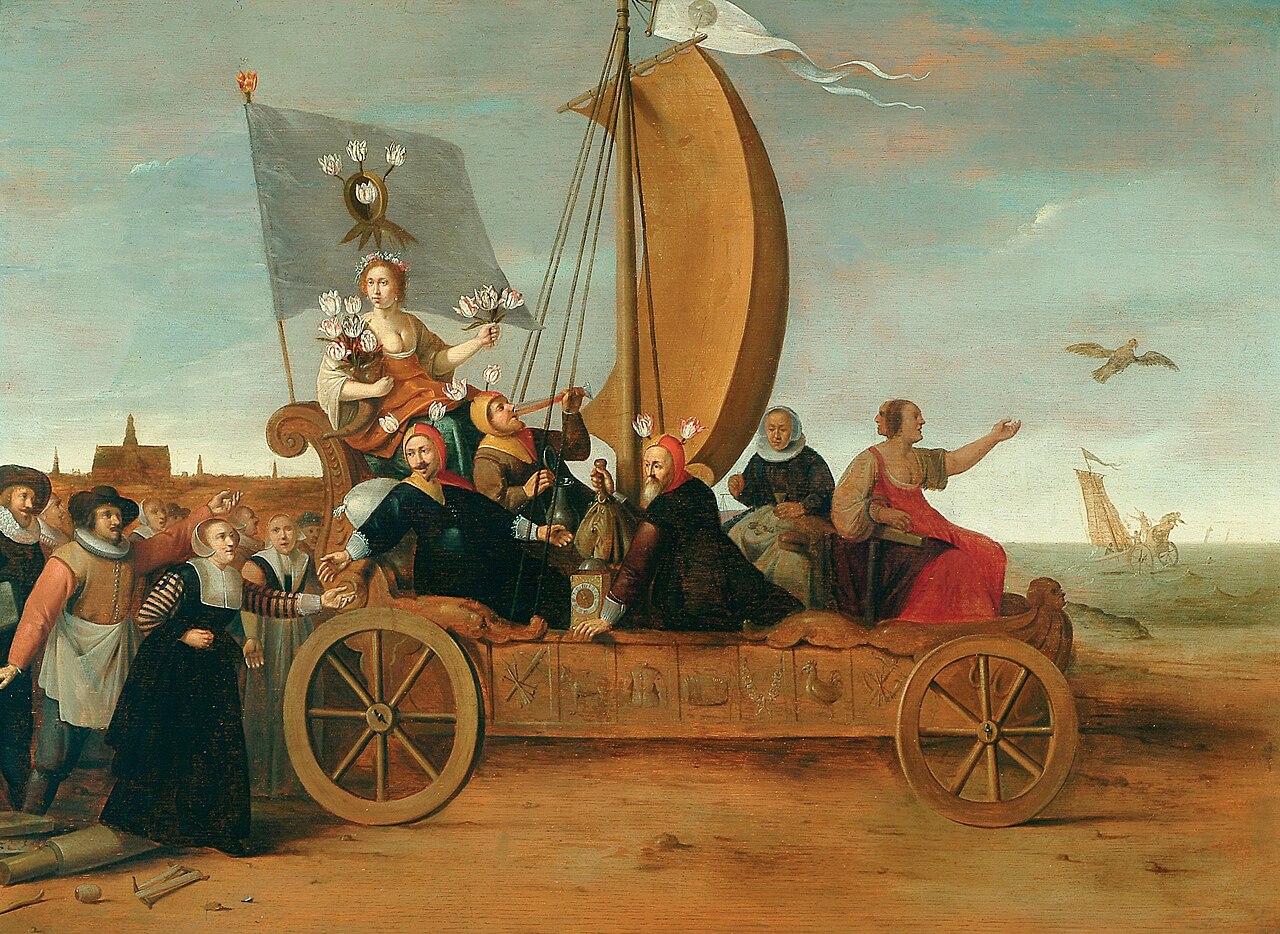 Hendrik Pot's painting Flora's Wagon of Fools, showing tulip traders on a wind-driven wagon heading to the sea