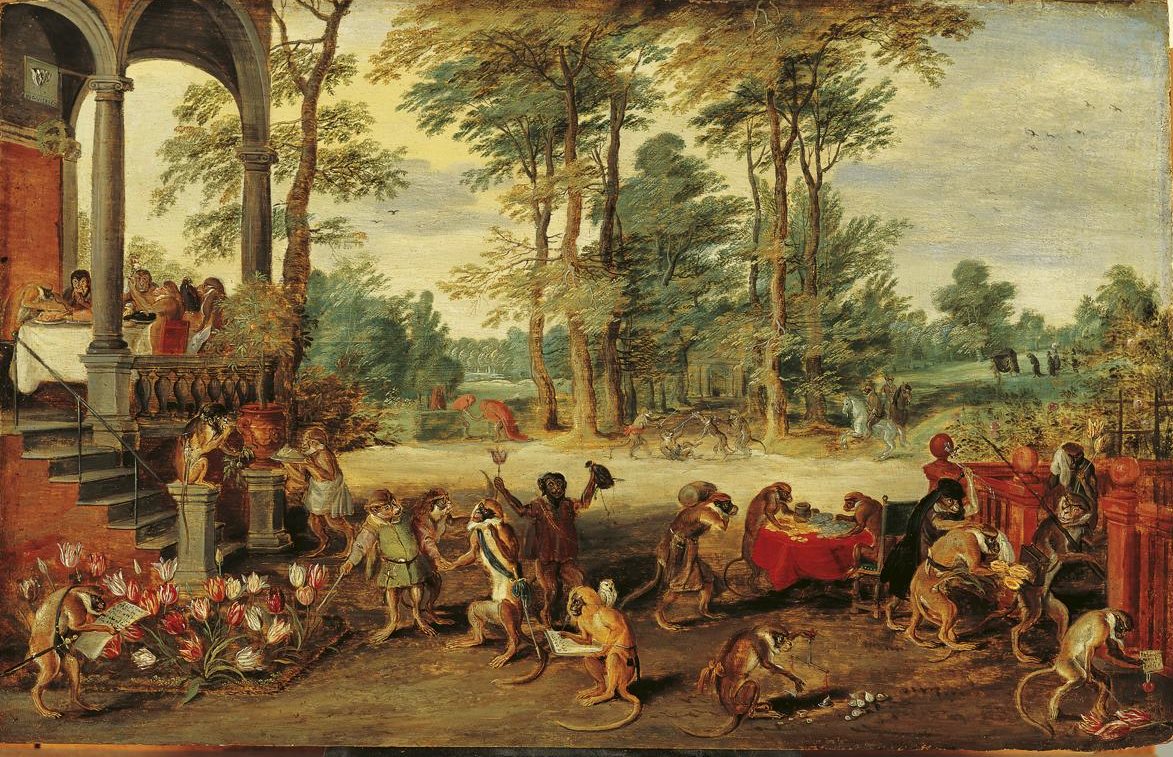 A 1640 satirical painting of monkeys dressed as merchants, trading tulips