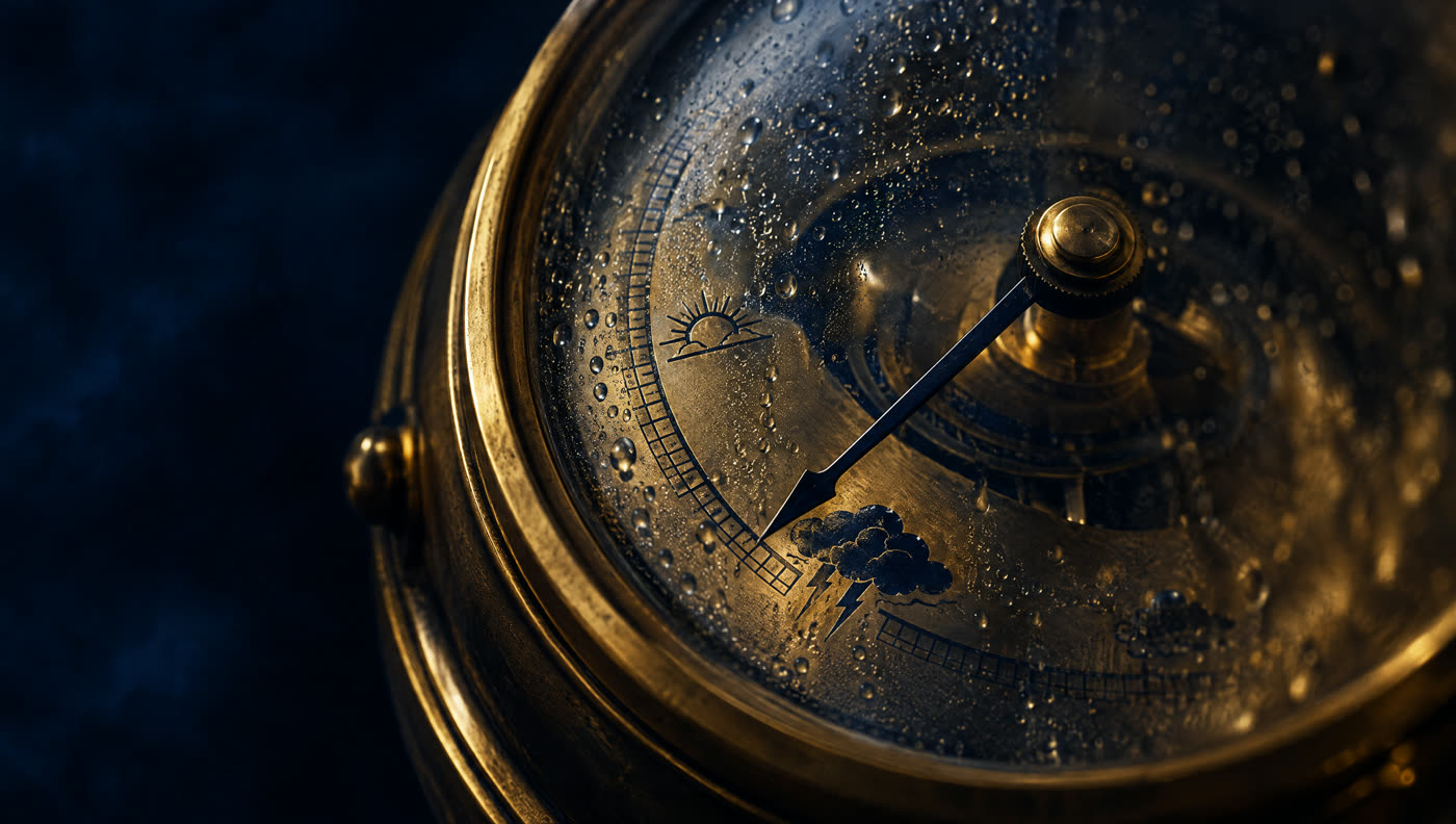 An antique brass barometer in close up, its needle dropping toward stormy