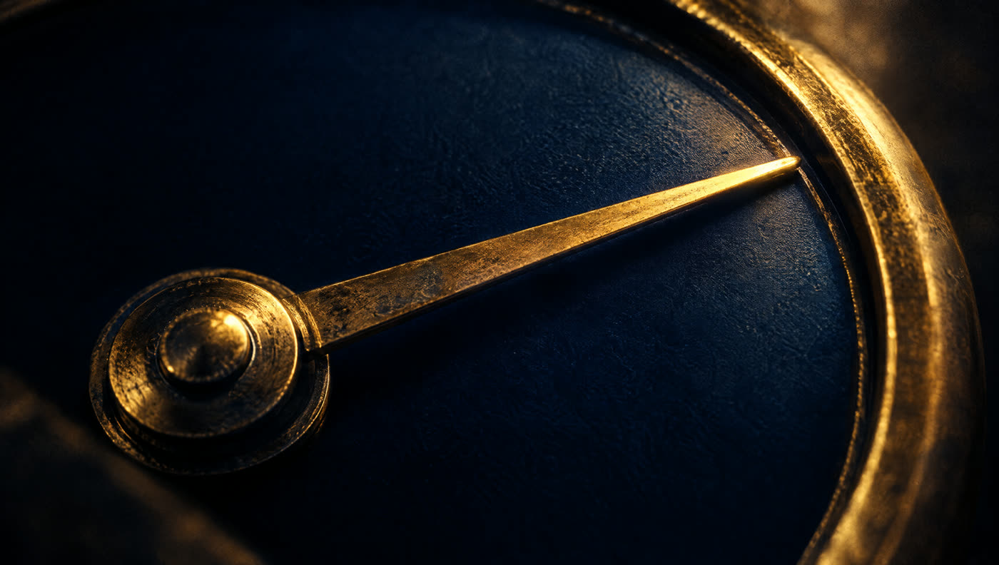 An antique brass gauge needle swung hard across a deep navy dial