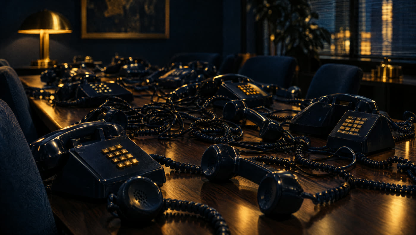 A bank of corded desk telephones crowded onto a long table in a dim office